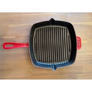 Staub 10 Inch Square Enameled Cast Iron Grill Pan Cherry Red Made in France